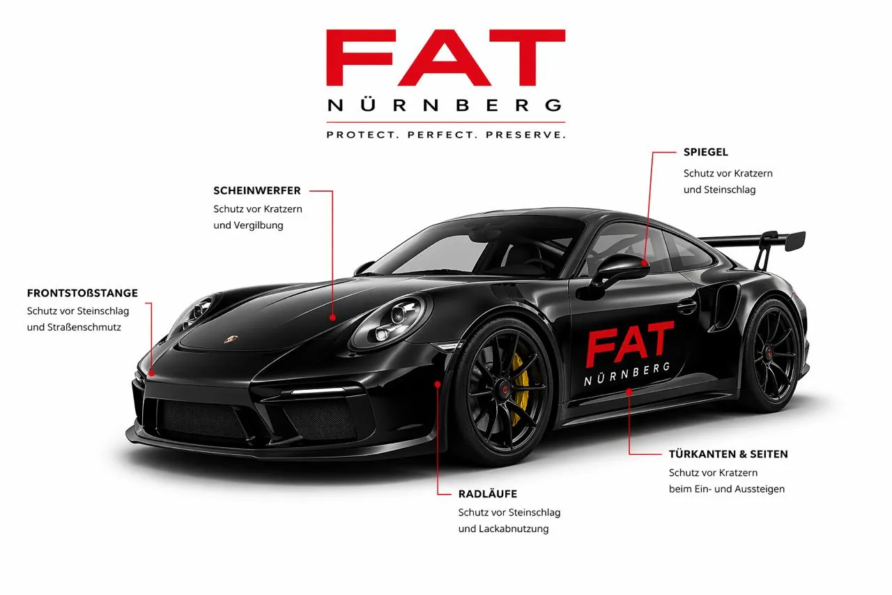 FAT Nürnberg schwarzer Porsche 911 GT3 RS mit PPF Lackschutzfolie